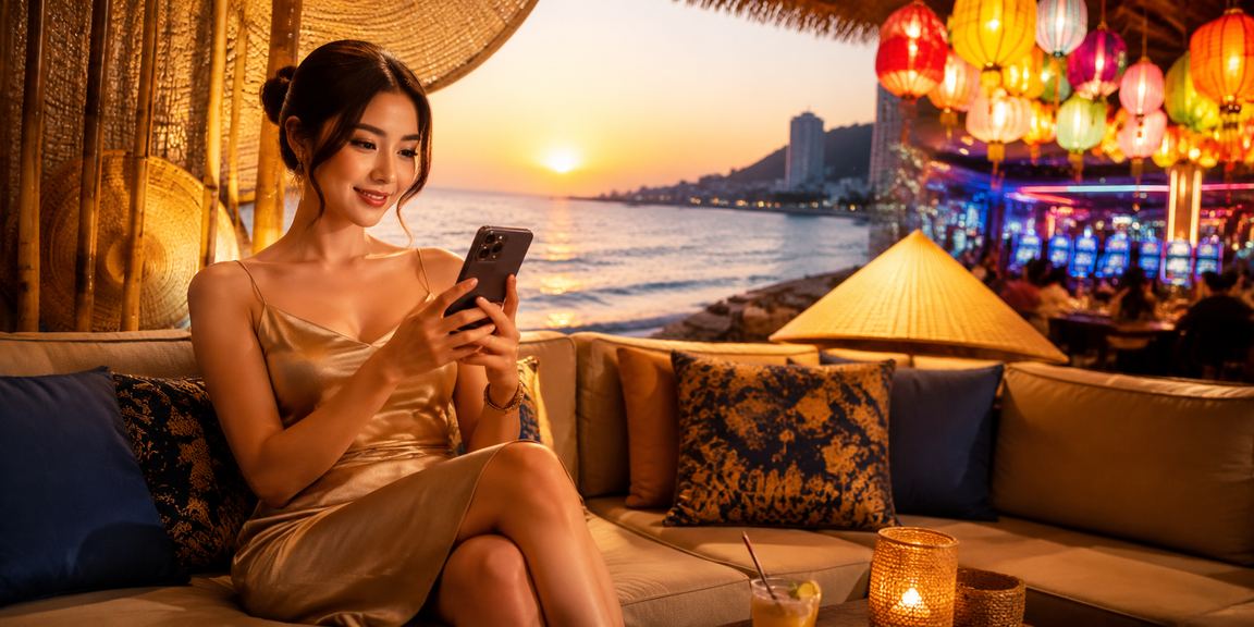 Người dùng trải nghiệm casino trực tuyến trên điện thoại tại bãi biển Vũng Tàu với nón lá